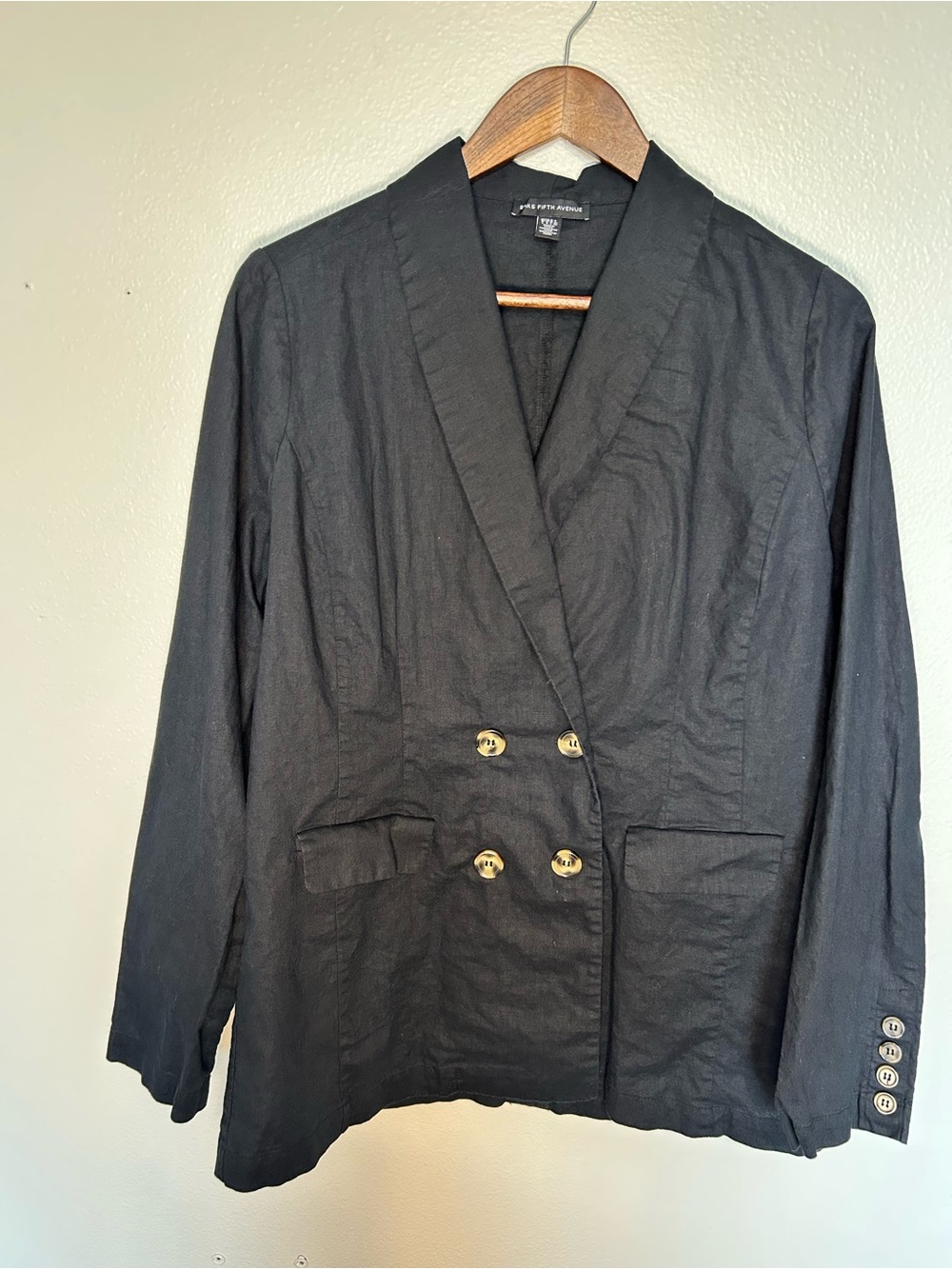 Saks Fifth Avenue Black Double-Breasted Linen Cotton Blend Women's Blazer Size L